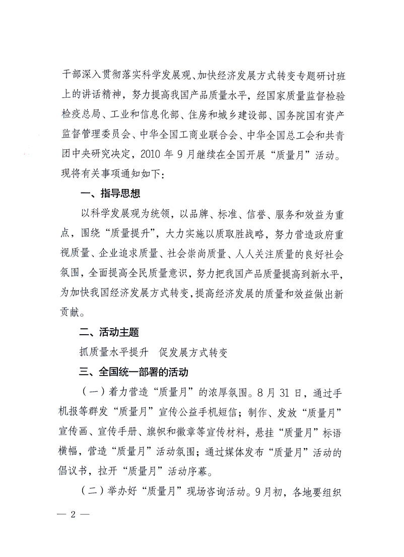 國家質(zhì)量監(jiān)督檢驗檢疫總局、工業(yè)和信息化部、住房和城鄉(xiāng)建設(shè)部、國務(wù)院國有資產(chǎn)監(jiān)督管理委員會、中華全國工商業(yè)聯(lián)合會、中華全國總工會、共青團中央《關(guān)于開展2010年全國&ldquo;質(zhì)量月&rdquo;活動的通知》