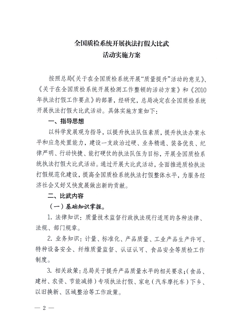 國家質(zhì)量監(jiān)督檢驗(yàn)檢疫總局《關(guān)于印發(fā)<全國質(zhì)檢系統(tǒng)開展執(zhí)法打假大比武活動(dòng)實(shí)施方案>的通知》