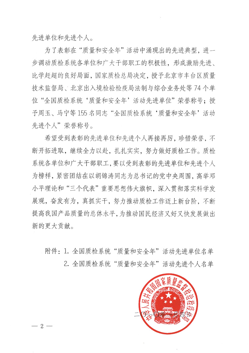 國(guó)家質(zhì)量監(jiān)督檢驗(yàn)檢疫總局《關(guān)于表彰全國(guó)質(zhì)檢系統(tǒng)&ldquo;質(zhì)量和安全年&rdquo;活動(dòng)先進(jìn)單位和先進(jìn)個(gè)人的決定》